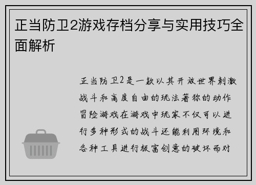 正当防卫2游戏存档分享与实用技巧全面解析