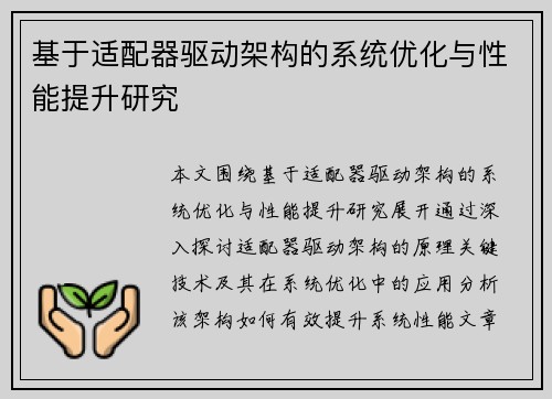 基于适配器驱动架构的系统优化与性能提升研究 基于适配器驱动架构的系统优化与性能提升研究