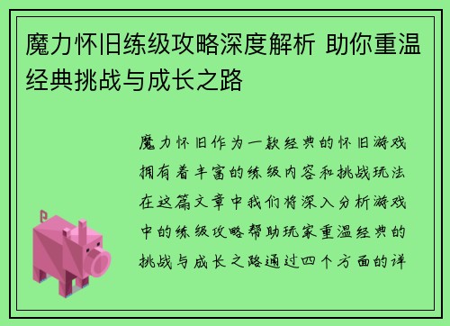 魔力怀旧练级攻略深度解析 助你重温经典挑战与成长之路